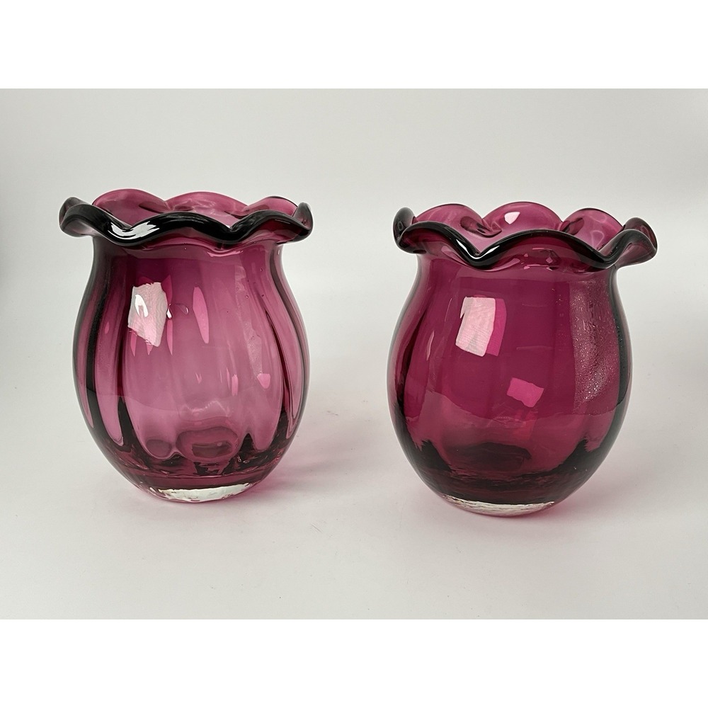 Pilgrim Cranberry Glass small 3.75" Optic Swirl Vases W/Ruffled Edge Vintage GUC